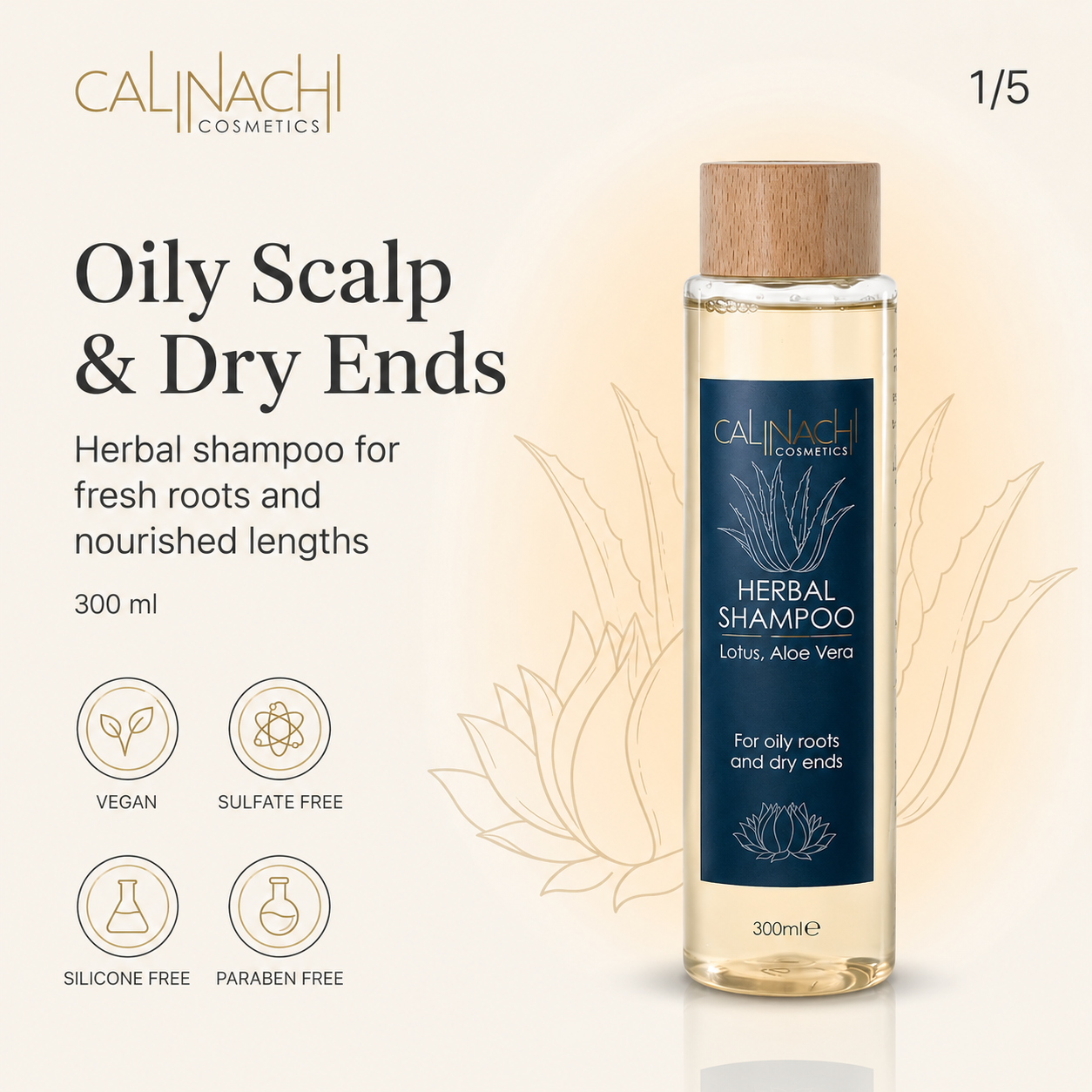 Oily Scalp and Dry Ends Herbal Shampoo, Sulfate free, 300ml. haircare CALINACHI Cosmetics